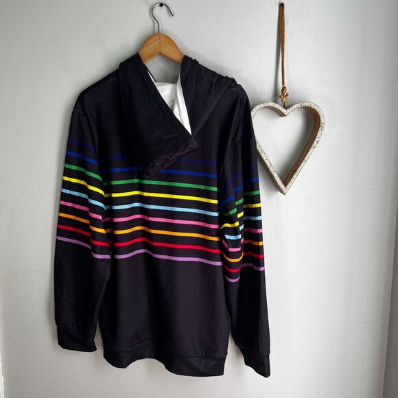 Women's Plus Pullover Hoodie Sweater Size 1X Rainbow Stripe in Dark Navy - Picture 2 of 11